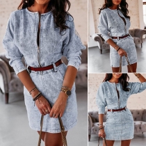 Fashion Long Sleeve Round Neck Slim Fit Denim Dress