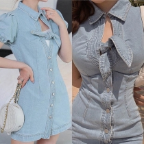 Sweet Style Short Sleeve Bow-knot Collar Single-breasted Denim Dress