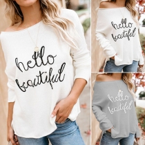 Fashion Letters Printed Long Sleeve Round Neck Knit Top