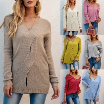 Fashion Solid Color Long Sleeve V-neck Knit Top