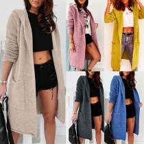 Fashion Solid Color Long Sleeve Hooded Knit Cardigan