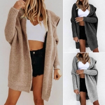 Fashion Solid Color Long Sleeve Hooded Knit Cardigan