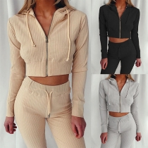 Sexy Long Sleeve Hooded Crop Top + High Waist Pants Two-piece Set(The size runs small)