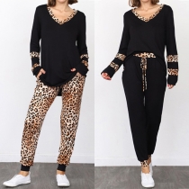 Fashion Leopard Spliced Long Sleeve V-neck Top + Pants Two-piece Set