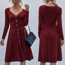 Elegant Solid Color Long Sleeve V-neck Front-button Dress