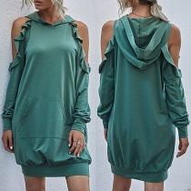 Sexy Off-shoulder Long Sleeve Hooded Ruffle Sweatshirt Dress