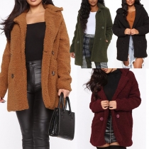 Fashion Solid Color Long Sleeve POLO Collar Plush Coat