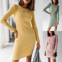 Simple Style Long Sleeve Round Neck Solid Color Slim Fit Dress