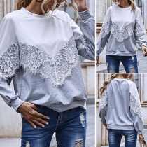 Fashion Contrast Color Long Sleeve Round Neck Lace Spliced Sweatshirt