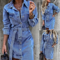 Retro Style Long Sleeve POLO Collar Denim Dress