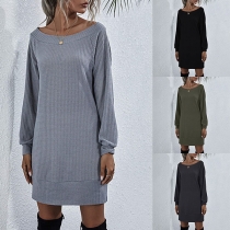 Fashion Solid Color Long Sleeve Boat Neck Knit Dress