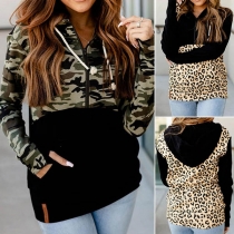 Fashion Camouflage/Leopard Printed Spliced Hooded Sweatshirt