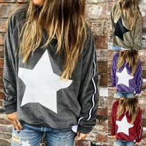 Casual Style Long Sleeve Pentagram Printed Round Neck Loose Sweatshirt