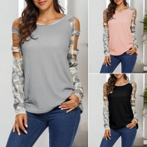 Sexy Hollow Out Long Sleeve Round Neck Camouflage Printed T-shirt