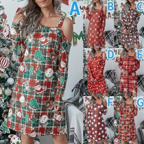 Sexy Off-shoulder Long Sleeve Printed Christmas Dress