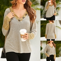 Fashion Contrast Color Long Sleeve V-neck Loose T-shirt