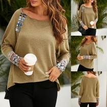 Ethnic Style Printed Spliced Long Sleeve Round Neck T-shirt