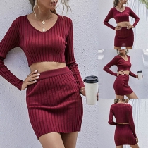 Sexy Long Sleeve V-neck Crop Top + Skirt Knit Two-piece Set