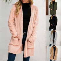 Fashion Solid Color Long Sleeve Front-pocket Plush Cardigan