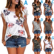 Chic Style Tassel Short Sleeve Round Neck Printed T-shirt