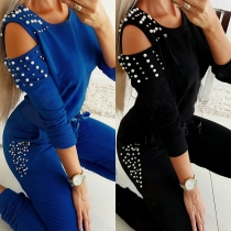 Fashion Gauze Spliced Long Sleeve Pearl Inlaid Top + Pants Two-piece Set