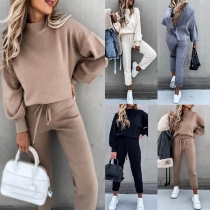 Fashion Solid Color Lantern Sleeve Top + Pants Two-piece Set