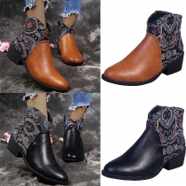 Retro Style Flat Heel Round Toe Printed Spliced Ankle Boots