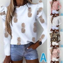 Fashion Long Sleeve Round Neck Ruffle Printed T-shirt