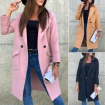 Fashion Solid Color Long Sleeve Big-pocket Woolen Coat