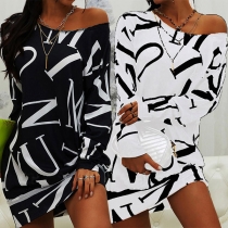 Casual Style Long Sleeve Round Neck Letters Printed Sweatshirt Dress