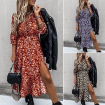 Sexy V-neck Slit Hem Half Sleeve Printed Dress