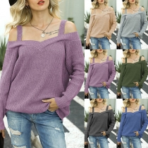 Sexy Solid Color Off-the-Shoulder Long Sleeve Sling Knitted Top