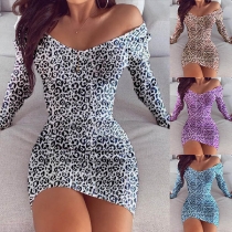 Sexy V-neck Long Sleeve Slim Fit Leopard Printed Dress