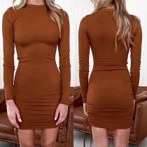 Sexy Solid Color Round Neck Long Sleeve Lace-up Hem Dress