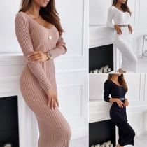 Simple Style Long Sleeve V-neck Solid Color Dress（Without Belt）