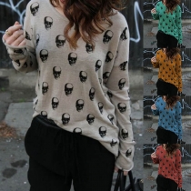 Chic Style Skull Head Printed Long Sleeve Round Neck Knit Top