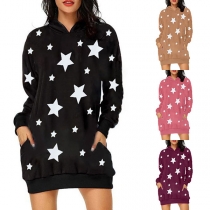 Fashion Long Sleeve Hooded Pentagram Printed Sweatshirt Dress