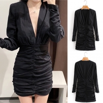 Sexy V-neck Puff Sleeve High-waited Slim Fit A-line Dress