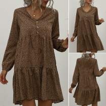 Sweet Style Leopard Printed V-neck Long Sleeve Dress