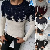 Contrast Color Round Neck Christmas Tree Printed Long Sleeve Man's Knitted Top