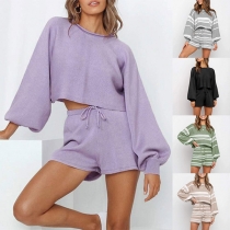 Fashion Lantern Sleeve Round Neck Top + Shorts Two-piece Set