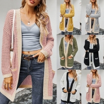 Fashion Contrast Color Long Sleeve V-neck Knit Cardigan
