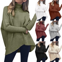 Fashion Solid Color Long Sleeve Turtleneck High-low Hem Knit Top