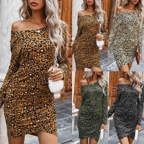 Sexy Leopard Printed Oblique Shoulder Long Sleeve Slim Fit Dress