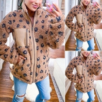 Plush High Neck Leopard Printed Long Sleeve Coat