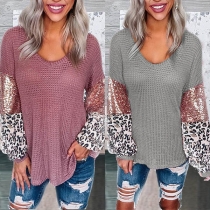 Contrast Color Leopard Sequin Printed V-neck Long Sleeve Top
