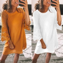 Solid Color Lace Spliced 3/4 Trumpet Sleeve Round Neck Dress