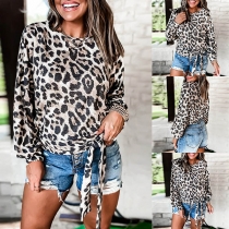 Fashion Round Neck Leopard Printed Long Sleeve Lace-up Hem Top