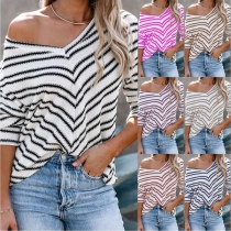 Fashion Loose V-neck Long Sleeve Striped Top