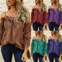 Sexy Off-shoulder Long Sleeve Dots Printed Ruffle Sling Top